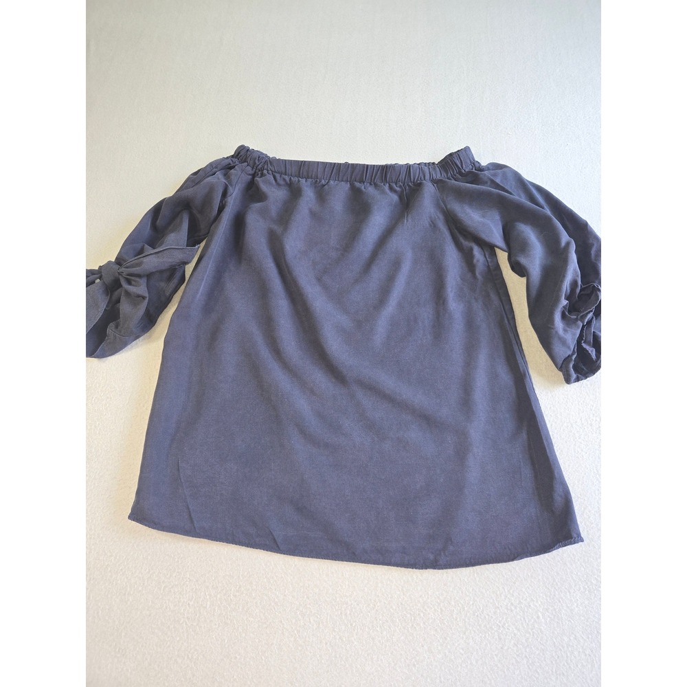 DO+BE Off Shoulder Blouse Womens Size M Navy Blue Tencel Tie Sleeve Boho Top